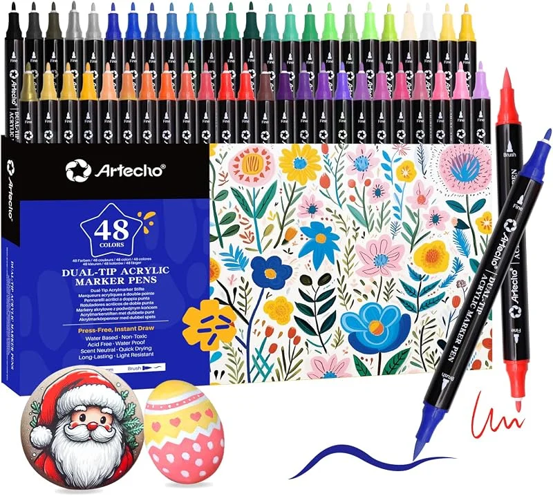 Besuche den Artecho-Store Artecho Acrylstifte Set 48 Farben, wasserfeste Dual Tip Acrylmarker mit 1 mm Feinspitze & 0, 5-5 mm Pinselspitze, deckend für Steine, Glas, Holz, Keramik, Leinwand & DIY — Wein und Festtafel