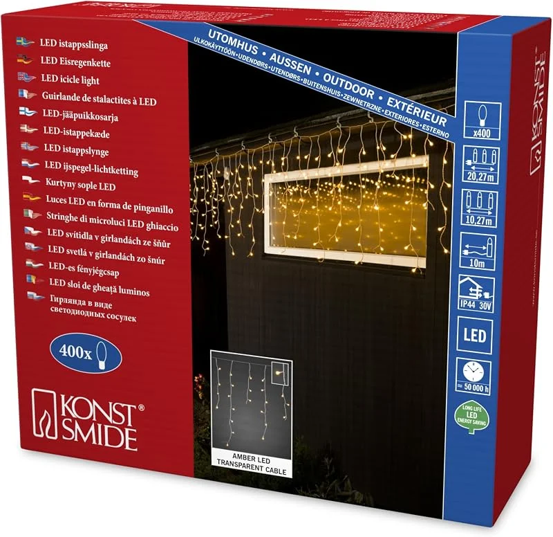 Besuche den Konstsmide-Store Konstsmide LED Eisregen Lichtervorhang, mit weißen Globes, 400 warmweiße Dioden, 24V Außentrafo, transparentes Kabel - 3673-103 — Weihnachtsbeleuchtung