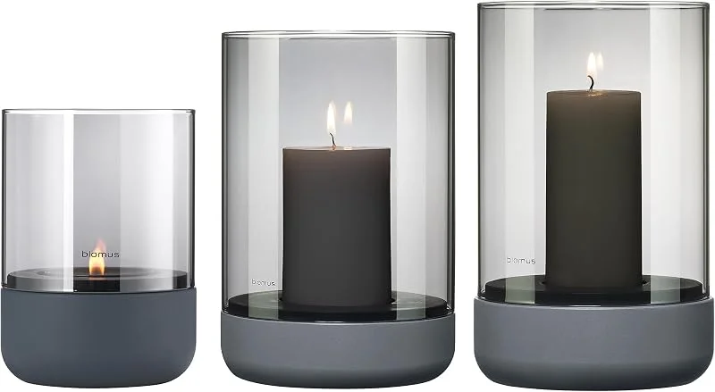 Besuche den blomus-Store blomus CALMA Windlicht 3er-Set, Steel Gray, Beton, Glas, S bis L — Kerzenlicht Abendessen