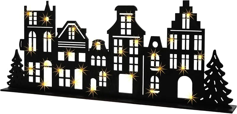 Besuche den Spetebo-Store Spetebo LED Holz Häuserzeile schwarz - 57 x 22 cm - Deko Weihnachtsdorf Skyline Aufsteller - Weihnachts Holzhaus Tischdeko Weihnachtsstadt — Weihnachtsdeko