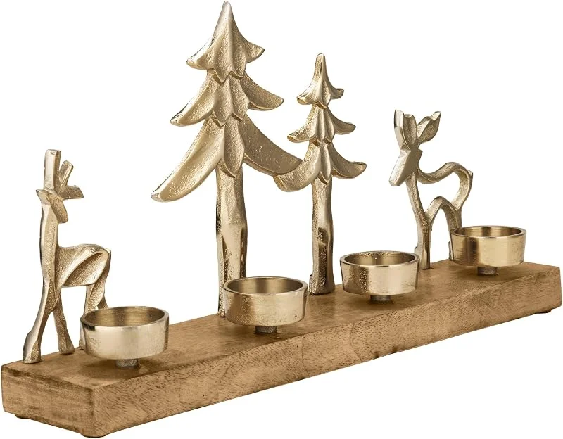 Besuche den EGLO LIVING-Store EGLO LIVING Teelichthalter mit Deko Rentieren Baliguian, Weihnachtsdeko Fensterbank Wohnzimmer, Tischdeko Weihnachten Hirsch Weihnachtsbaum, Holz und Metall in Gold, 38 x 20 cm — Advent und Tisch