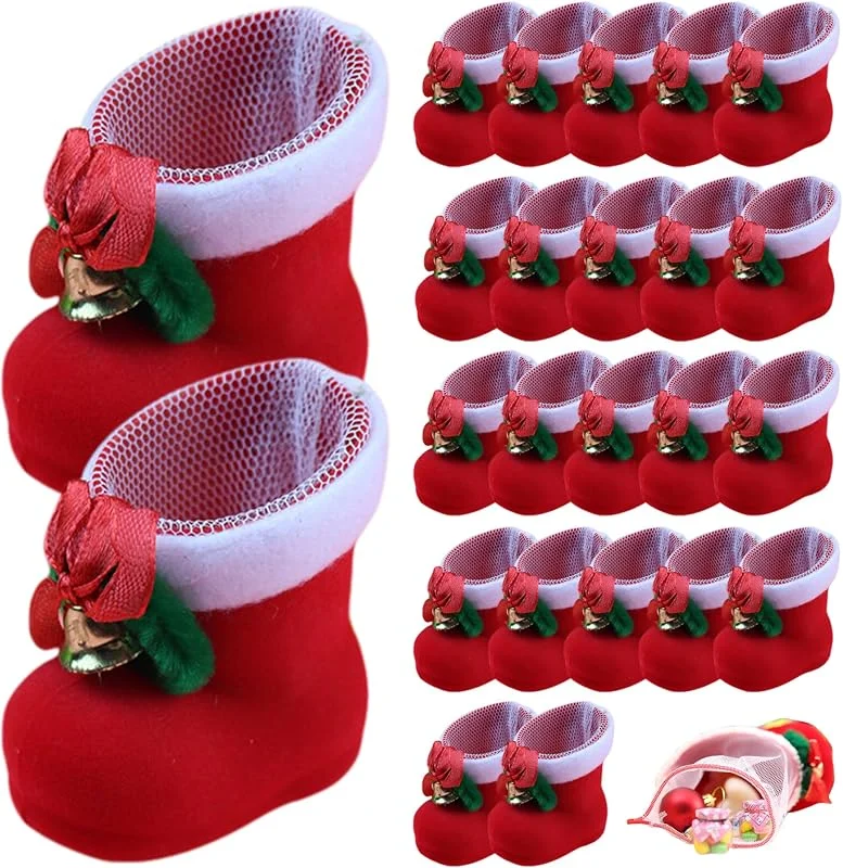 Marke: CNAFGBGG 24pcs Weihnachtsschmuck Set Mini Red Boots Weihnachten Süßigkeiten Taschen Weihnachtsdekorationen Geschenktüten Schöne Leckerbsen Taschen Plüsch Stiefel Goodies Tasche für Hochzeit, Urlaub, Weih — Geschenkverpackung