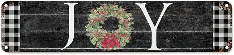 Marke: CowkissSign Vintage Weihnachtskranz Freude Metall Wandschild Western Weihnachten Retro Vintage Wandschild Schwarz und Weiß Büffel Karo Plaid Aluminium Schild Qualität Straßenschild für Wohnzimmer 45, 7 x 10, 2 cm — Weihnachtsdeko