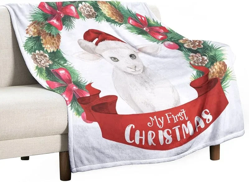 Marke: Generic Flauschige Decke Weihnachtskranz Tier Schaf My First Christmas Super Soft Luxuriöse Plüschdecke Tagesdecke Bauernhaus Weihnachtsdekorationen Wendebare Warm Fleecedecke 130 x 150 cm