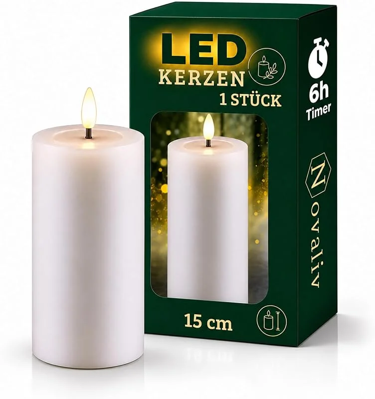 Besuche den Novaliv-Store Novaliv Große LED Stumpenkerze mit Timer weiß 7, 5cm ø 15cm Höhe - 2 AA Batterien nötig LED Echtwachskerze mit Flackereffekt flammenlose Stumpenkerze - LED Kerze groß Weihnachtsbeleuchtung — Advent und Tisch