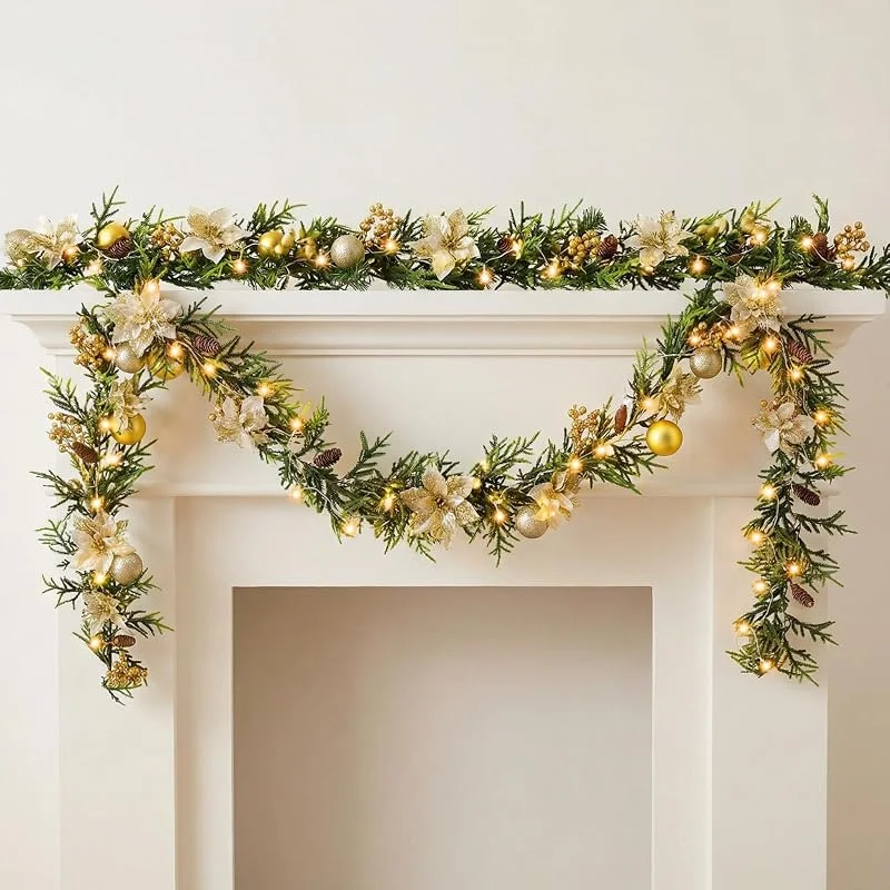 Marke: Crowye Crowye Weihnachtsstern-Girlande mit Lichtern, künstliche Tannengirlanden mit 20 LEDs, beleuchtete Weihnachtsgirlande mit Beeren, Tannenzapfen für Zuhause, Kaminsims, Treppen, Dekorationen (Gold), 2 — Weihnachtsdeko