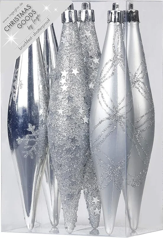 Besuche den Inge-glas-Store Inge-glas Weihnachtsschmuck Eiszapfen Oliven 6 STK. Kunstoff 15cm Christbaumschmuck Deko Weihnachten Christbaumkugeln Weihnachtsbaum Silber — Weihnachtsdeko