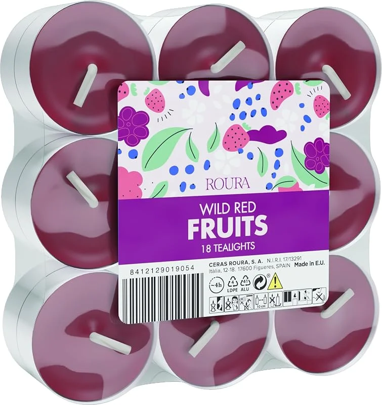 Marke: Ceras Roura Wild Red Fruits Duft-Teelichter 18 Stück - Erdbeere, Himbeere, Kirsche & Brombeere Duft - Langlebige Teelichtkerzen für Heimduft — Kerzenlicht Abendessen