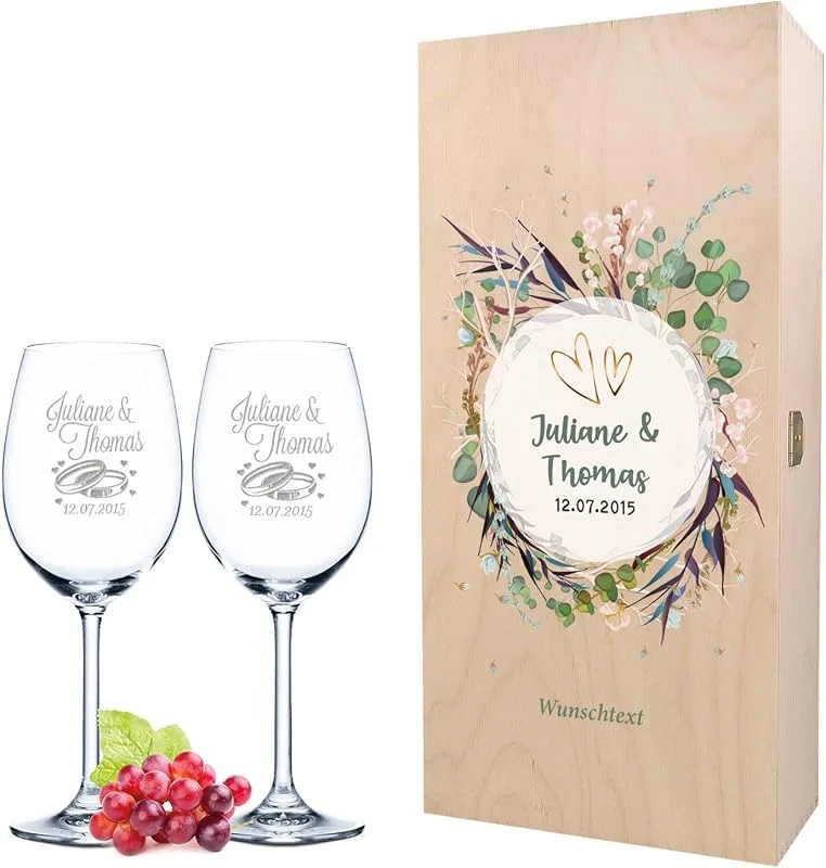 Besuche den GRAVURZEILE-Store GRAVURZEILE Rotweingläser mit Gravur - Flower Wedding - inkl. Holzkiste — Wein und Festtafel
