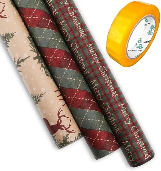 Marke: KC Shop Germany KC SHOP GERMANY, GESCHENKPAPIER 2.0 3x ROLLE KRAFTPAPIER rot grün beige 70x305cm, 80g, qm, Weihnachten, Heiligabend, xmas, christmas, modern, schick, hübsch, hochwertig (Mix + Kleberolle) — Geschenkverpackung