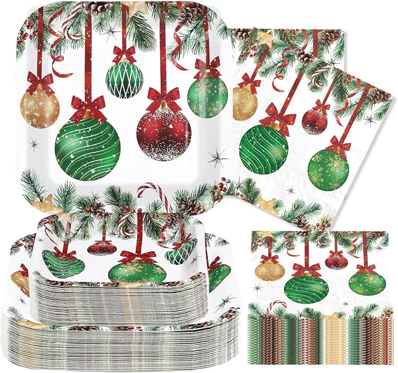 Marke: Greencian Weihnachtspappteller und Servietten, quadratisch, Einwegteller, Weihnachtsbälle, Geschirr-Set für Weihnachten, Winter, Urlaub, Neujahr, Party-Dekorationen, serviert 50 Stück, 200 Stück — Advent und Tisch