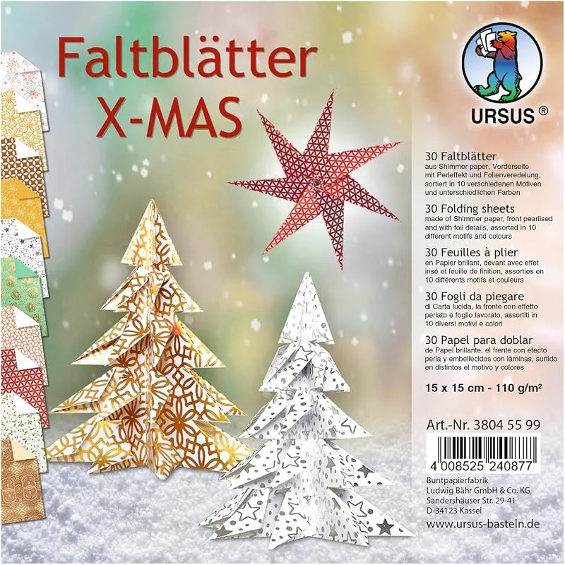 Besuche den Ursus-Store Ursus 38045599 - Faltblätter X-Mas, 110 g, 30 Blatt Shimmer paper sortiert in 10 verschiedenen Motiven und Farben, ca. 15 x 15 cm, Vorderseite mit Perleffekte und Folienveredelungen — Geschenkverpackung