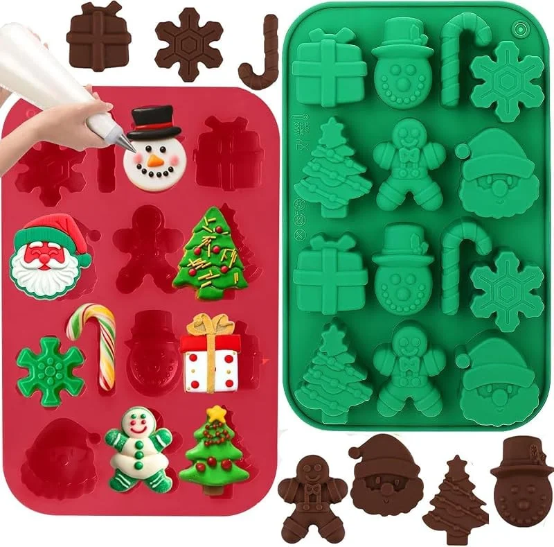 Marke: Burrsj Weihnachts-Schokoladenformen, 14 Mulden, Weihnachtsmann, Schneemann, Baum, Lebkuchenmann, Weihnachtsmotiv, Silikon-Backformen für Süßigkeiten, Gummibänder, Gelee, Eiswürfel, Wachsschmelzen, 2 — Weihnachtskueche