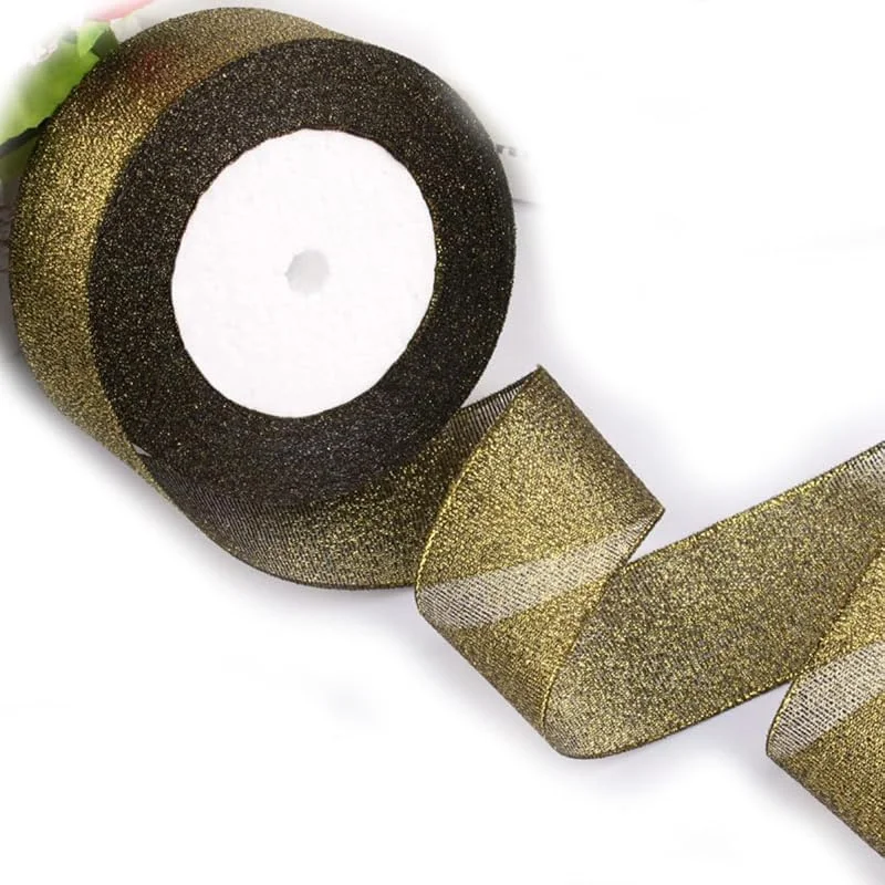 Marke: HSTWODE Geschenkband Chiffon 4cm x 22 m Schleifenband Festival Bänder Dekoband für ochzeit, Taufe, Weihnachten, Geburtstag Geschenke (Schwarz.+Glitzer Gold) — Geschenkverpackung