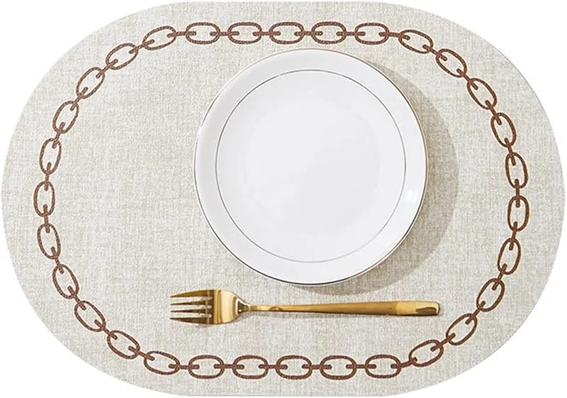 Besuche den Epinki-Store Epinki Tischsets Platzsets Retro Vintage Oval, 2Pcs Set PU Leder Platzset Elegant Kette Muster Hitzebeständige, Tischmatte Schreibtisch Beige Grau für Esstisch, 30x44CM — Küche & Haushalt