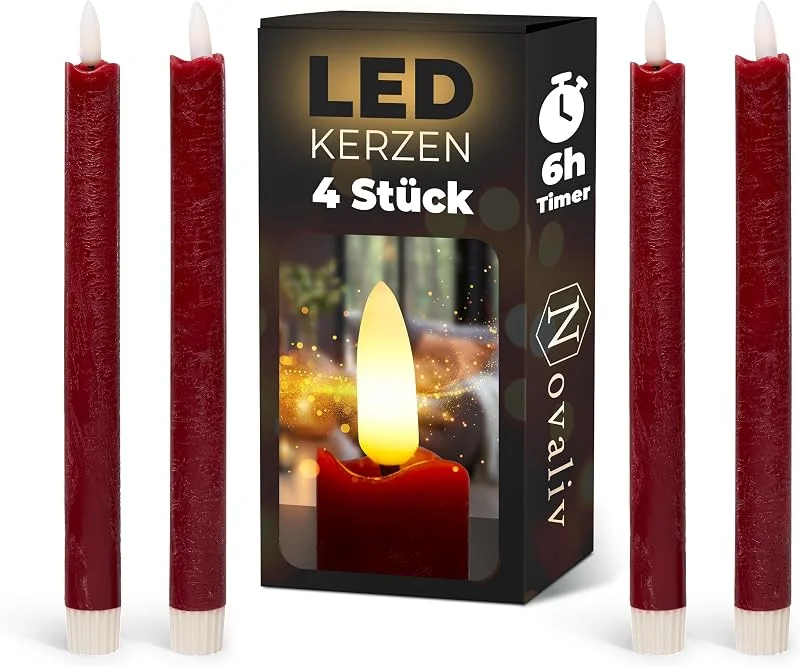 Besuche den Novaliv-Store Stabkerzen LED mit Timer Rot 4 Stück Rot indoor - 6 Stunden - ECHTWACHS 24cm Höhe für Kerzen 2, 2cm Durchmesser 2 AAA Batterien notwendig LED Stabkerzen flackernde Flamme bewegliche Flamme Licht — Advent und Tisch