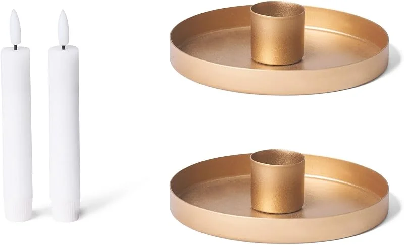 Besuche den Novaliv-Store Novaliv 2er-Set Stabkerzenhalter 14cm Metall rund Tafelkerzen Gold matt Kerzenhalter mit Echtwachs LED-Kerze Premium Flackereffekt Weihnachtsdekoration Candle Holder Weihnachten scandic chic — Kerzenlicht Abendessen