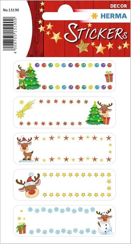 Besuche den HERMA-Store HERMA 15190 Weihnachtssticker, Little Rudolph (10 Aufkleber, Papier, glitzernd) selbstklebende Weihnachtsdeko, permanent haftende Etiketten für Weihnachten, Geschenke, Basteln, Adventskalender, bunt — Geschenkverpackung