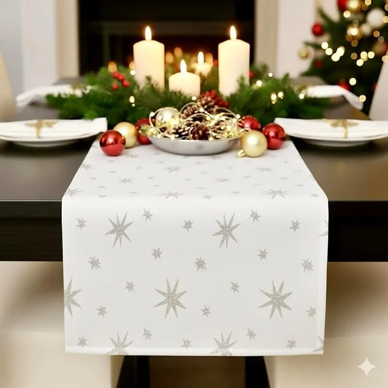 Besuche den EBD-Store Tischläufer, Ostern, Pfingsten, Weihnachten, Lurex Sterne, Tischband, Tischdeko (Weiß, Silber, 40x140 cm) — Küche & Haushalt