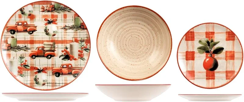 Marke: H&H H&H Joyful Tradition Tafelservice 18-teilig aus Stoneware, 6 Speiseteller Ø 26 cm, 6 Coupe-Tiefenteller Ø 20, 5 cm, 6 Dessertteller Ø 19, 5 cm, weihnachtliches Tartan-Motiv mit Stechpalme und Retro-Auto — Advent und Tisch
