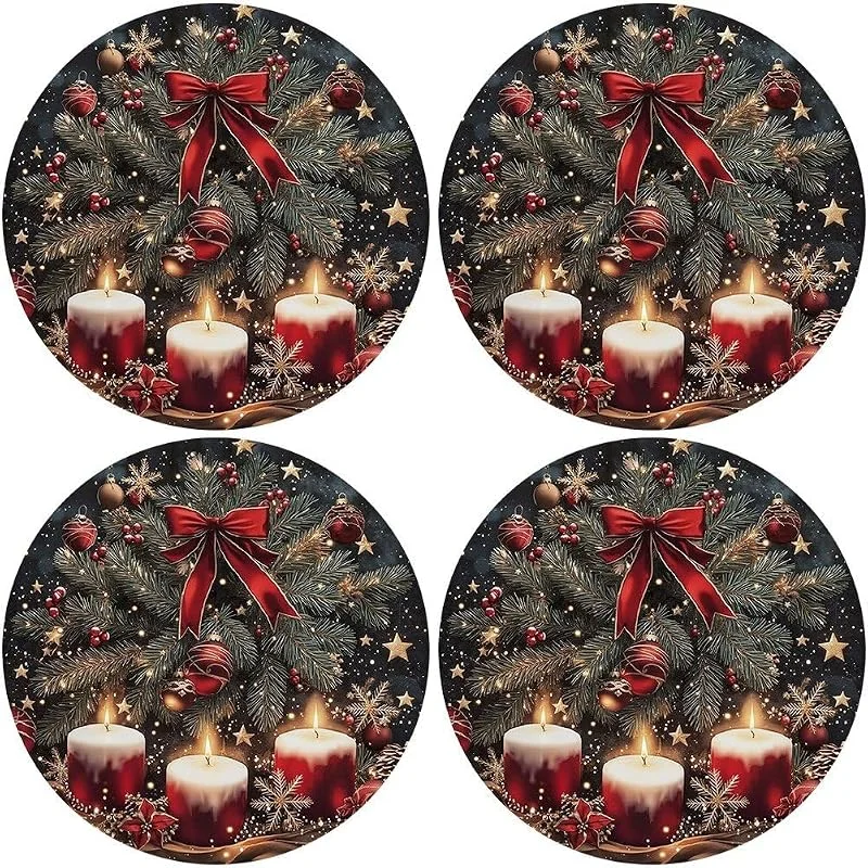 Marke: HiyyFloy HiyyFloy Weihnachtliche Platzsets Roten Kerzen Und Schleifen, 4er-Set, Rund, Abwaschbar, rutschfest, Leicht Zu Reinigen, Zuhause, Küche, Esstisch Und Restaurant. — Küche & Haushalt