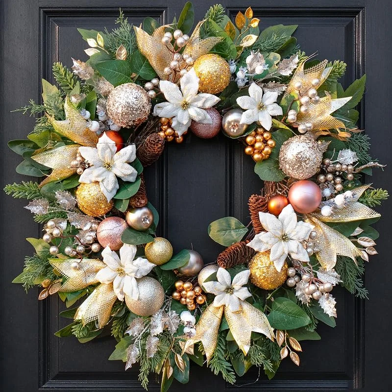 Marke: Soomeir 61 cm beleuchteter Weihnachtskranz mit Lichtern, Weihnachtsstern, Goldkugeln und Beeren – Luxus-Weihnachtskränze für Haustür, Innen- und Außenbereich, Weihnachtskranz — Weihnachtsdeko