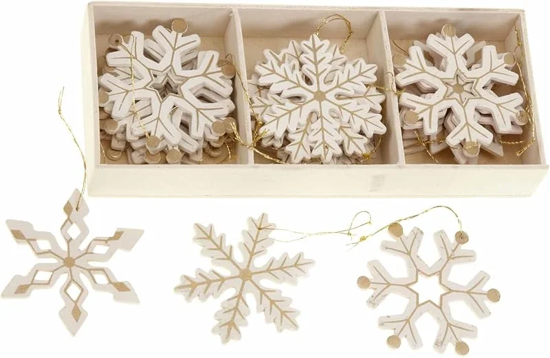 Besuche den Lights4fun-Store Set von 24 Creme & Golden Schneeflocke Holz Weihnachtsbaumdekoration von Lights4fun — Weihnachtsdeko