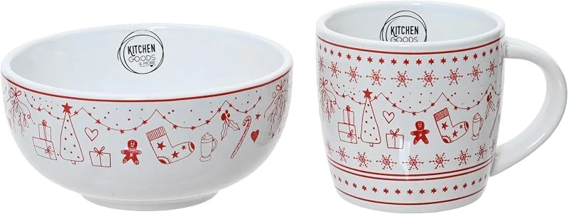 Marke: Kaemingk Frühstücksgeschirr Keramik - 2er Set Schüssel & Tasse mit Weihnachtsmotiv - Geschirr für Weihnachten - Schale & Becher - Frühstücksset Weiß Rot — Advent und Tisch