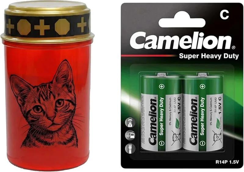 Besuche den Fachhandel Plus-Store LED Grablicht Katze, batteriebetriebenes Gedenklicht mit flackernder LED Flamme als sicherer Grabschmuck für Tiergrab und Gedenkplatz - ewiges Licht (Rot, süße Katze) — Kerzenlicht Abendessen