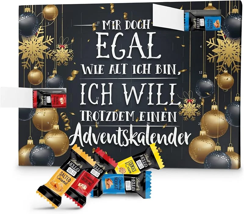 Besuche den printplanet-Store printplanet - Lindt Hello Adventskalender mit Spruch und Füllung in 4 Sorten - Mir doch Egal wie alt ich Bin, ich Will trotzdem einen Adventskalender - 2026 — Advent und Tisch