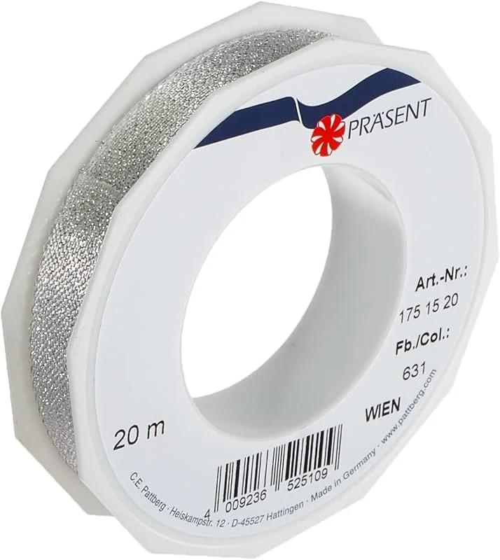 Besuche den PRÄSENT-Store PRÄSENT C.E. Pattberg Wien Geschenkband Silber, 20 m Geschenkband zum Einpacken, 15 mm Breite, Zubehör zum Dekorieren & Basteln, Dekoband für Geschenke — Geschenkverpackung