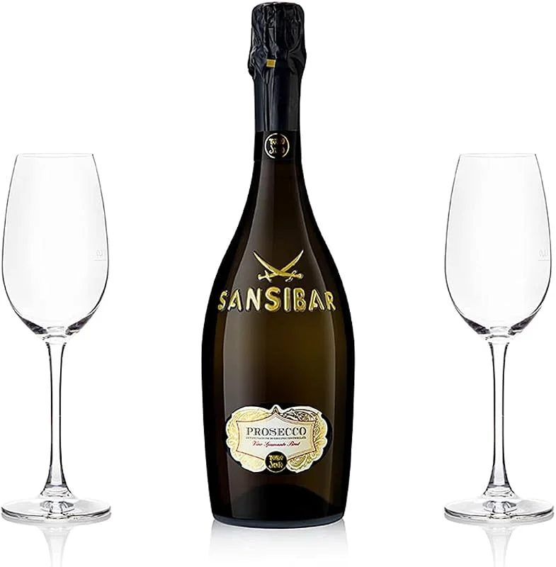 Sansibar´s Best San Simone Prosecco Brut 0, 75 l + 2 Champagnergläser mit Logo, 3 tlg. — Wein und Festtafel