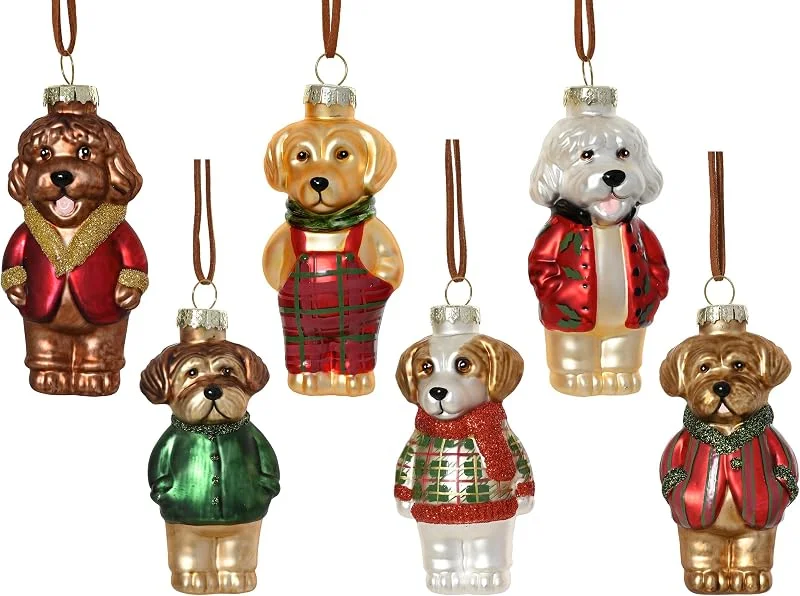 Marke: Kaemingk Christbaumschmuck Glas 10, 9cm - Hund mit Kleidung Figur zum Aufhängen - 1 Stück sortiert - Weihnachtsbaum Anhänger für Weihnachten - Christbaumanhänger & Weihnachtsbaumschmuck - Tiere Rot Braun — Weihnachtsdeko
