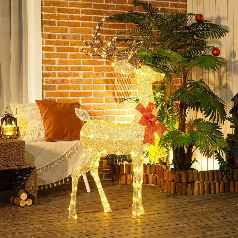 Besuche den Outsunny-Store Outsunny LED Rentier Weihnachtsdeko 137 warmweißen LED Außen & Innen Gold — Weihnachtsbeleuchtung