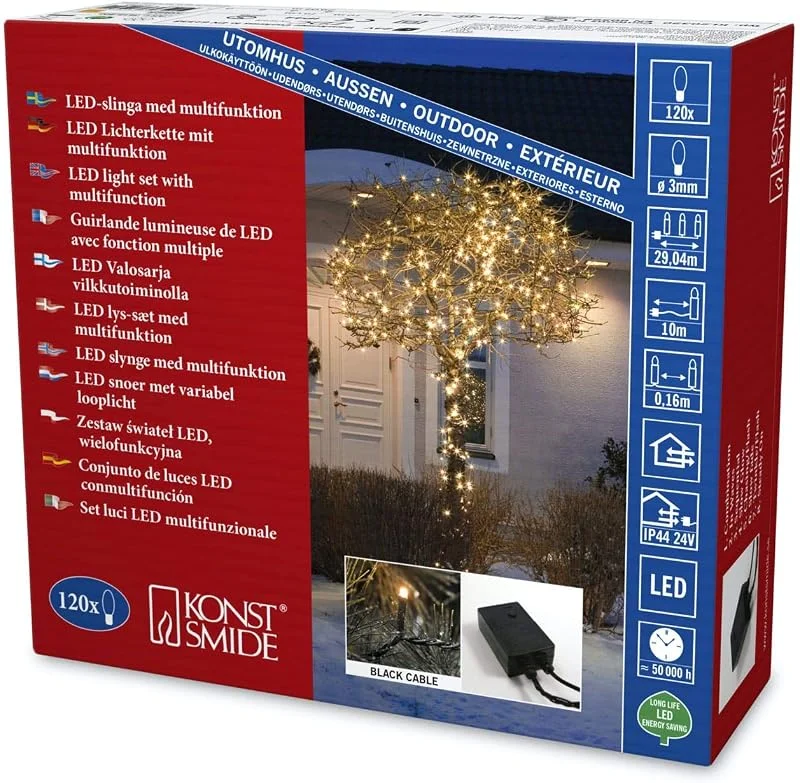 Besuche den Konstsmide-Store Konstsmide Micro LED Lichterkette, mit Multifunktion, 120 bernsteinfarbene Dioden, 24V Außentrafo, schwarzes Kabel - 3615-800 — Weihnachtsbeleuchtung