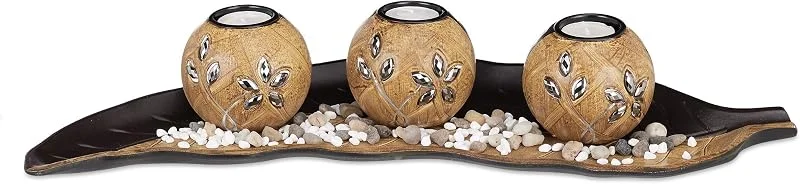Besuche den Relaxdays-Store Relaxdays Teelichthalter Set, Blattschale, Deko Kieselsteine, runde Kerzenhalter, Blume, stimmungsvolle Tischdeko, braun — Advent und Tisch