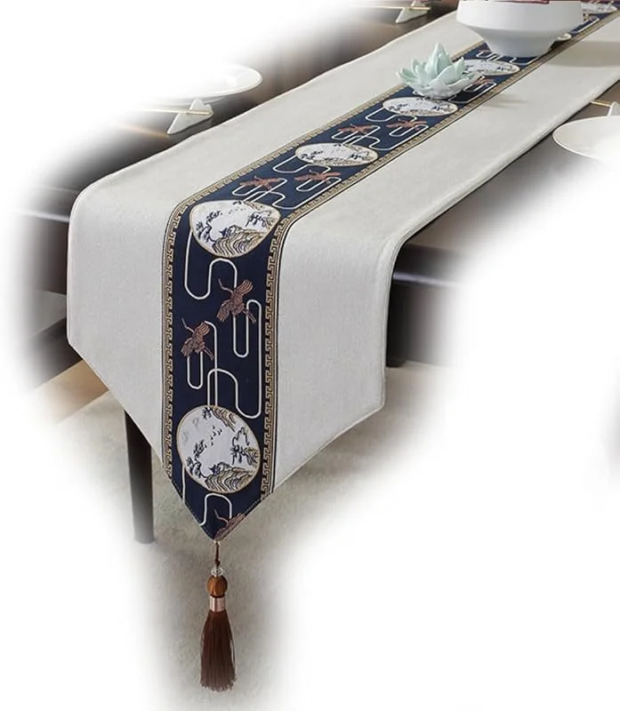 Marke: HSTWODE Chinesischer Tischläufer Quasten-Tischläufer Tang-Dynastie-Tischläufer Kranich-Muster-Tischläufer Für Haus, Hotel, Bankett, Weihnachten (Beige, 33*180cm) — Küche & Haushalt