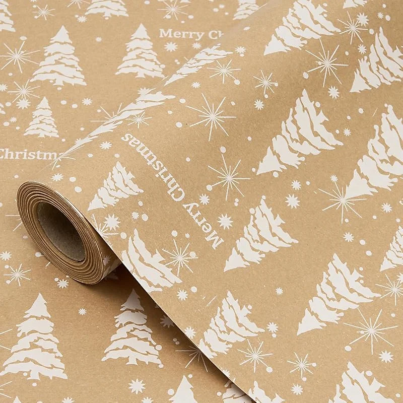 Marke: ZHNERY Weihnachtsgeschenkpapierrolle, 15 m, 43 cm, recycelbar, Kraftpapier mit Weihnachtsbaum-Aufdruck, für Weihnachts- und Geburtstagsgeschenke — Geschenkverpackung