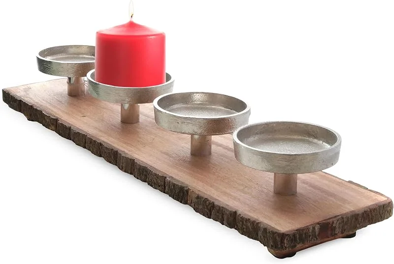 Besuche den Spetebo-Store Spetebo Mango Advents Kerzen Halter für 4 Kerzen - 48 x 12 cm - Holz Alu Kerzenständer mit Rinde - Adventskranz Weihnachten Winter Dekoration — Kerzenlicht Abendessen