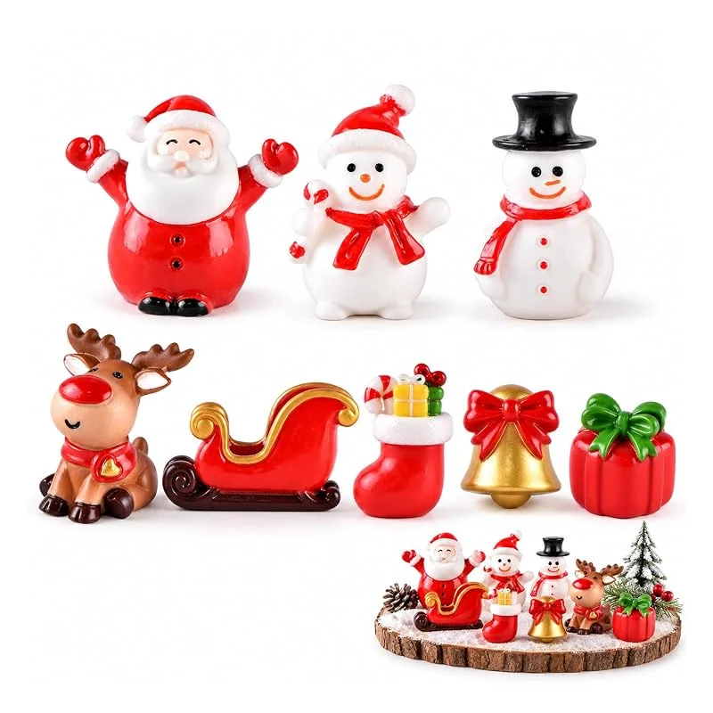 Marke: LEFZUR 8 Stück Weihnachten Mini Figuren Harz Weihnachtsdeko Set mit Weihnachtsmann Schneemann Rentier Schlitten Socke Glocke Geschenkbox Miniaturfiguren für Tisch Deko Landschaft DIY — Geschenkverpackung