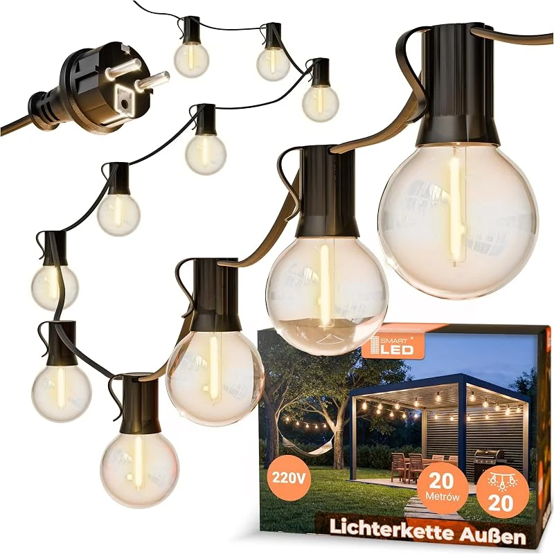 Besuche den SMART LED-Store Lichterkette Außen Outdoor LED Strom, 20M Außenbeleuchtung E12 mit Stecker, 20 Glühbirnen, IP65 Wasserdicht Wetterfest Lichterkette Glühbirnen für Garten Terrasse Party Weihnachten, Warmweiß — Weihnachtsbeleuchtung