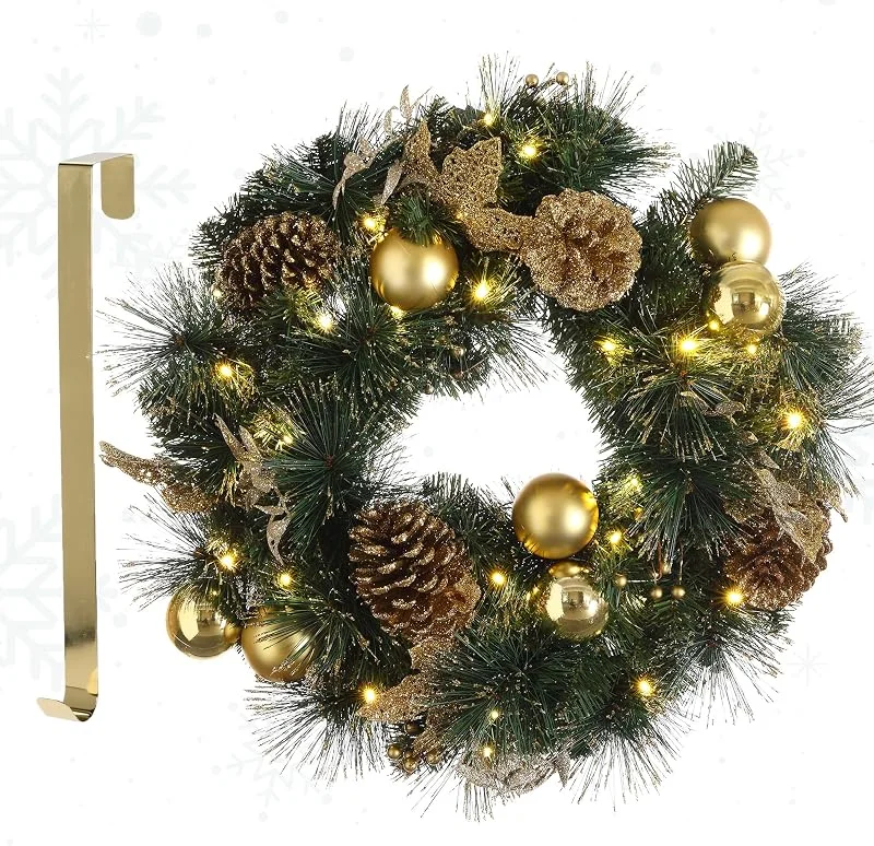 Marke: Meisterhome MeisterHome ® Künstlicher Weihnachtskranz Adventskranz für Tür Ø 50 cm - Weihnachtlicher Türkranz für Innen und Außen mit 35 LEDs, Timer und Gold Dekoration + Goldfarbener Aufhänger — Weihnachtsdeko