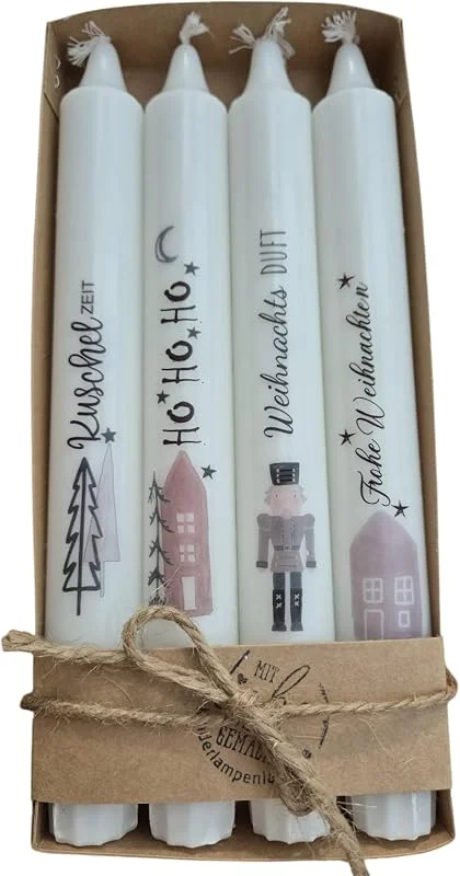 Besuche den Kilala-Store Adventskerzen Set Weihnachten mit Nussknacker & Sprüchen – 4 Stabkerzen bedruckt – Geschenkidee ca.17, 5cm — Kerzenlicht Abendessen