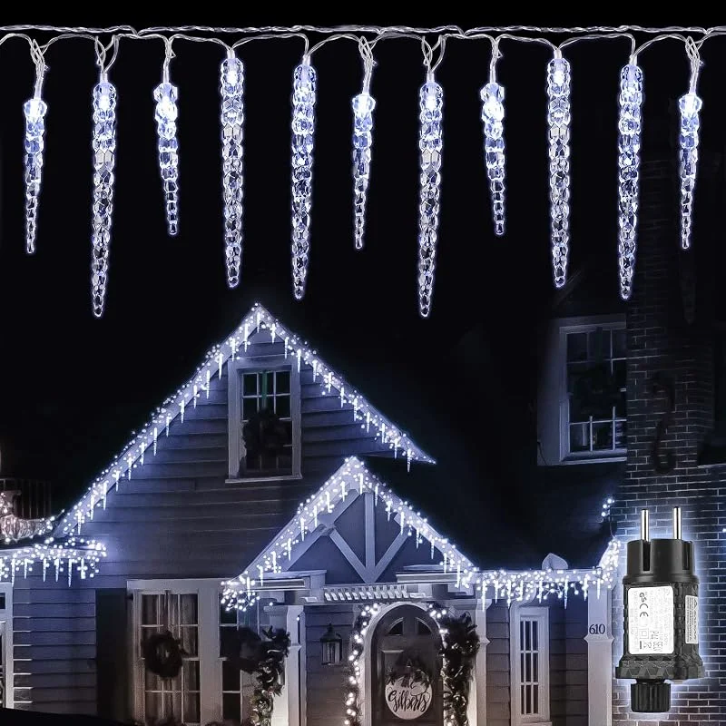 Besuche den SALCAR-Store SALCAR LED Eiszapfen Lichterkette, 40 Weihnachtsbeleuchtung 10m (5m Eiszapfenlichterkette und 5m Kabel) Wasserdicht für Weihnachten Garten Außendeko, Kaltweiß