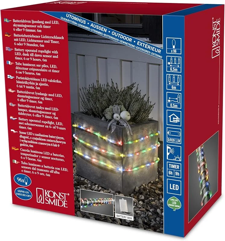 Besuche den Konstsmide-Store Konstsmide LED Lichterschlauch, 6m, mit Lichtsensor und 6h und 9h Timer, 96 bunte Dioden, batteriebetrieben, Außen (IP44), 4 x D 1.5V (exkl.) - 3744-500 — Weihnachtsbeleuchtung