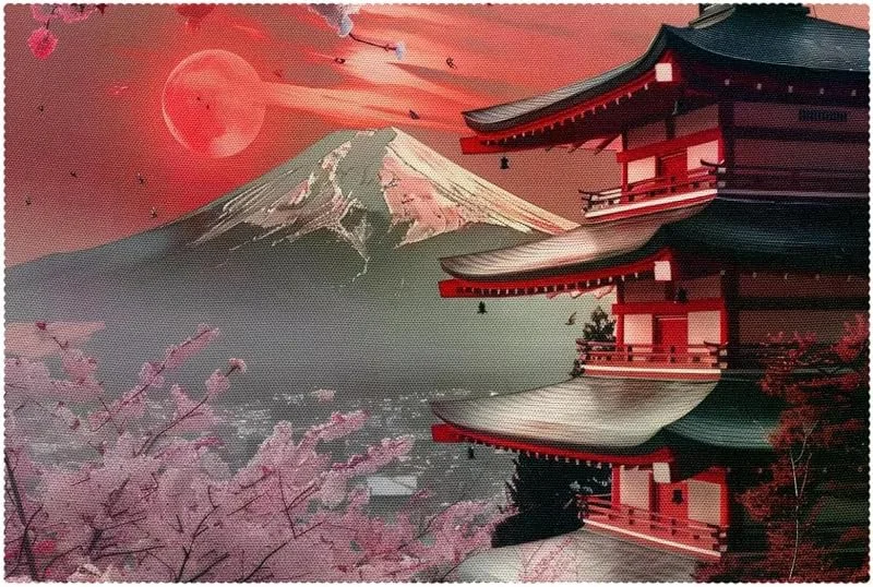 Marke: VAPOKF Japanische Platzsets mit Kirschtempel, waschbar, rutschfest, für Weihnachten, Urlaub, Geburtstag, Party, 1 Stück — Küche & Haushalt