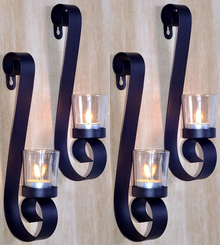 Besuche den Novaliv-Store Novaliv 4X Wandkerzenhalter Vintage Metall mit Glas 9 x 5, 5 x 28 cm Schwarz Kerzenhalter Wand Teelichterhalter Deko Wohnzimmer Dekoration Wanddeko Vintage Deko Teelicht Wandhalter — Kerzenlicht Abendessen