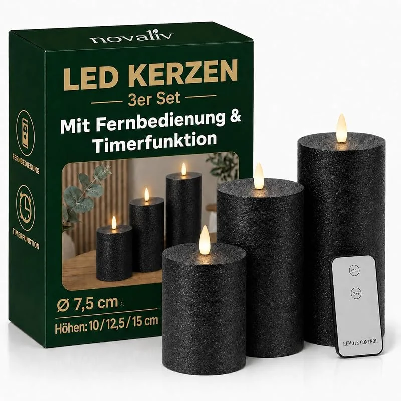 Besuche den Novaliv-Store 3er Set Led Kerzen 7, 5cm ø Kerze flackernde Flamme mit Fernbedingung SCHWARZ 15 cm + 12, 5 cm + 10 cm Höhe, LED Kerzen mit Timerfunktion, 3 AAA Batterien nötig, LED Echtwachs Stumpenkerzen warmweiß — Advent und Tisch