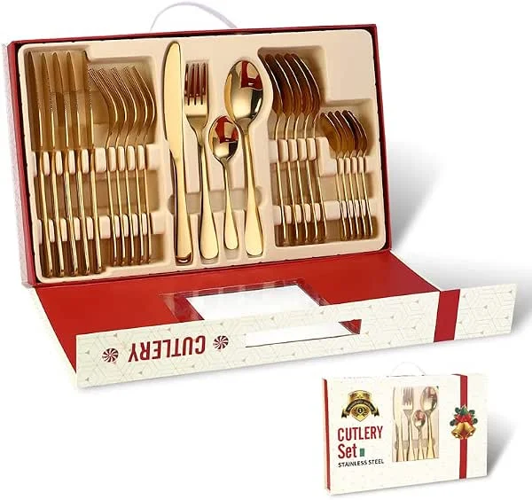 Marke: MFYHMY Besteck-Set 24-teilig Edelstahl-Besteck-Set Weihnachtsgeschirr-Set Luxus-Gabel Löffel Messer Geschirr-Set spülmaschinenfest (Farbe: 24-teilig Regenbogen) (24-teilig Gold) — Advent und Tisch