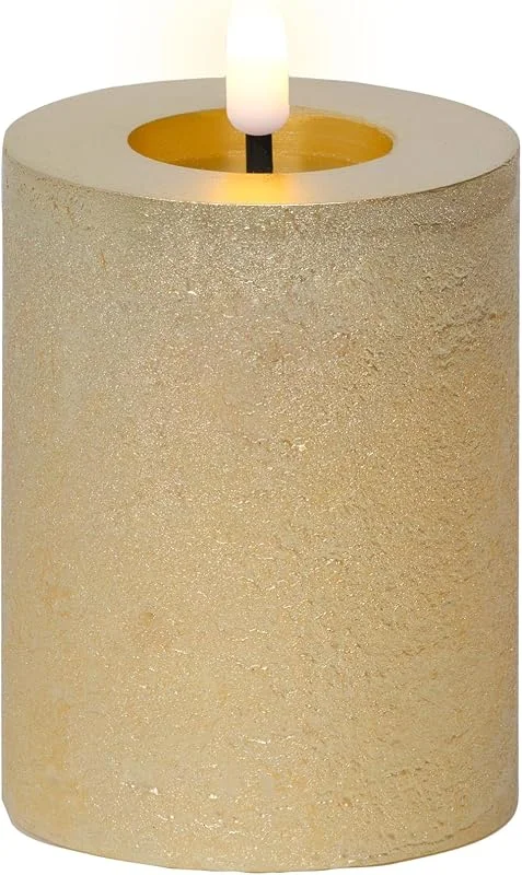 Marke: Lumineo Lumineo LED Kerze mit Timerfunktion 7x11cm Wachs - flackernde Flamme Effekt - Echtwachskerze batteriebetrieben - Wachskerze Stumpenkerze Rustik Gold Warmweiß — Advent und Tisch